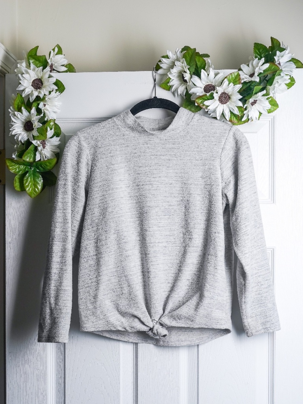 Old Navy Light Gray Long Sleeve Mock Neck Fleece Sweater Shirt Tie Front